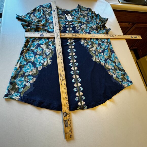JM Collections Oaklyn Ornate Print Top Womens 3X Navy Turquoise Floral Silky - Picture 4 of 9